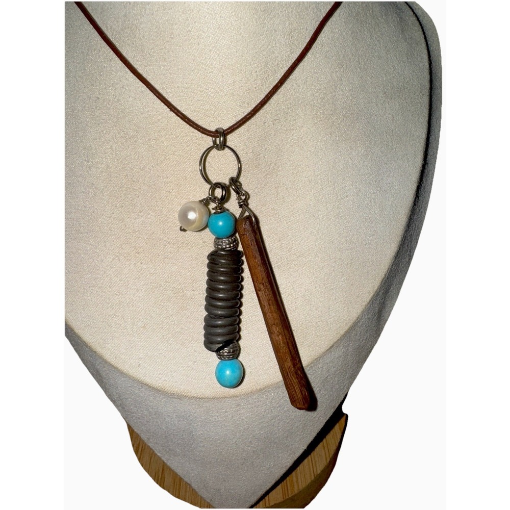 Beautiful Turquoise Metal Twist, Pearl,‎  Wood,3 Charm Necklace , Leather Chain